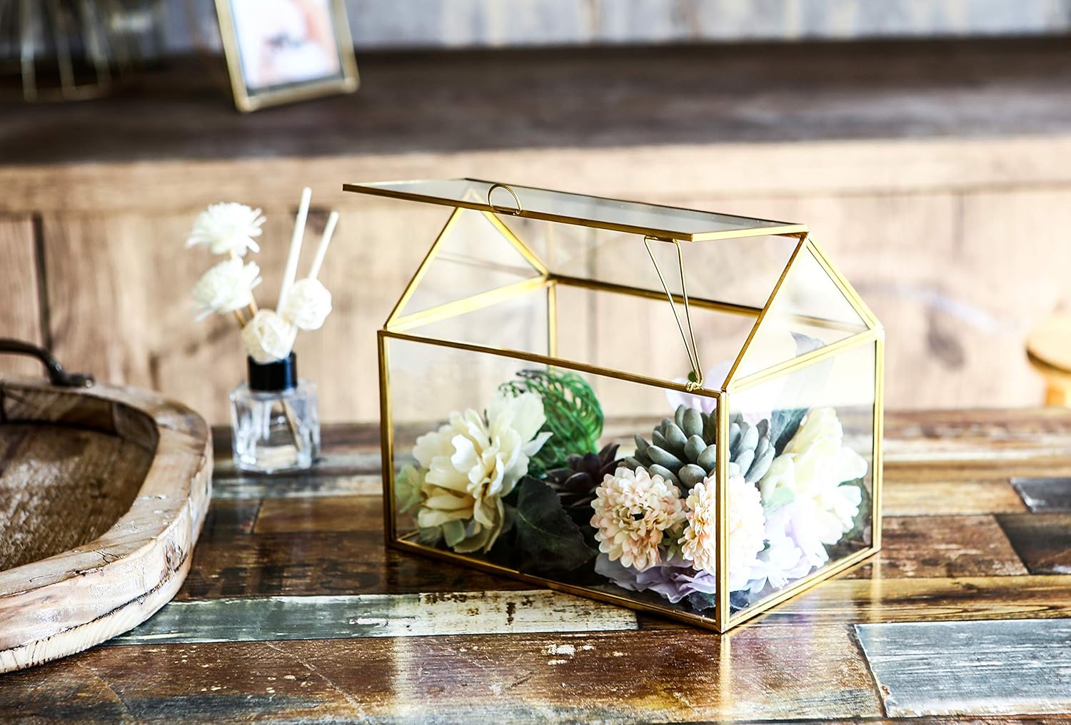 Terrarium Maison Géométrique Doré – Grande Serre Couvercle Basculant - VIVARIUM PRO